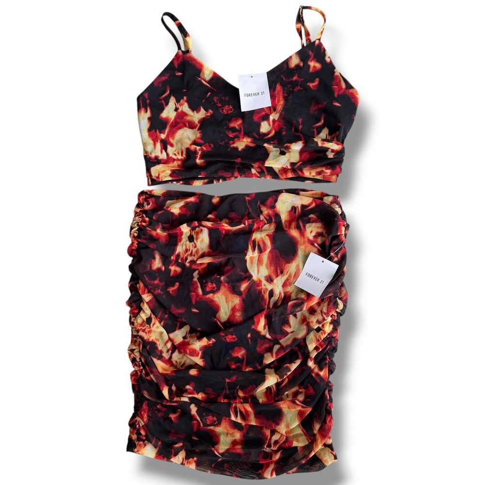 Forever 21 Women M Black Red Orange Flame Print Mesh Ruched Crop Top & Skirt Set